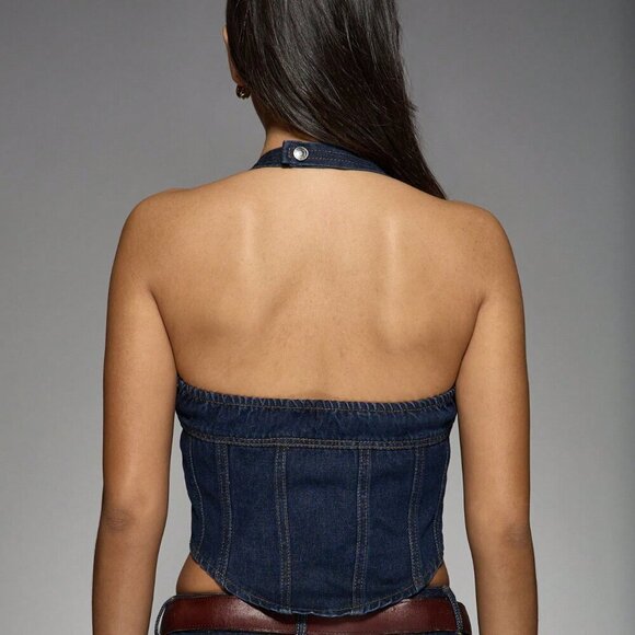 Navy Blue Casual Women's Zip Through Halter Neck Denim Top - Picture 2 of 6